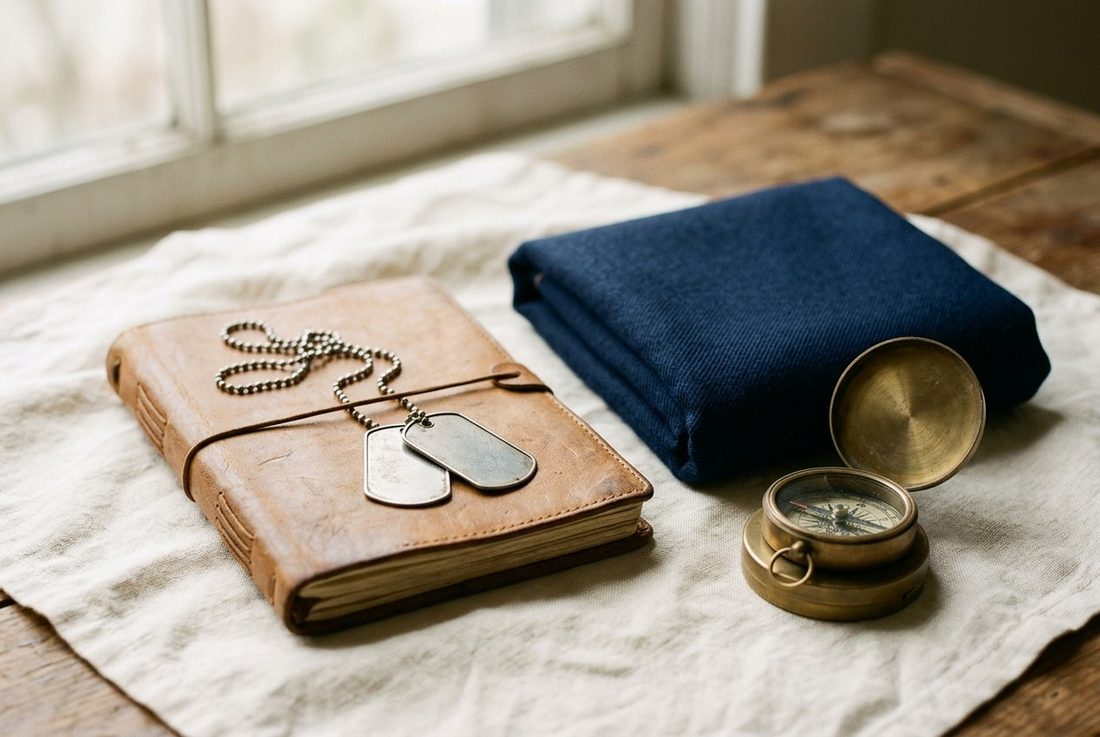 Military dog tags on a leather journal beside a folded navy blanket and a brass compass