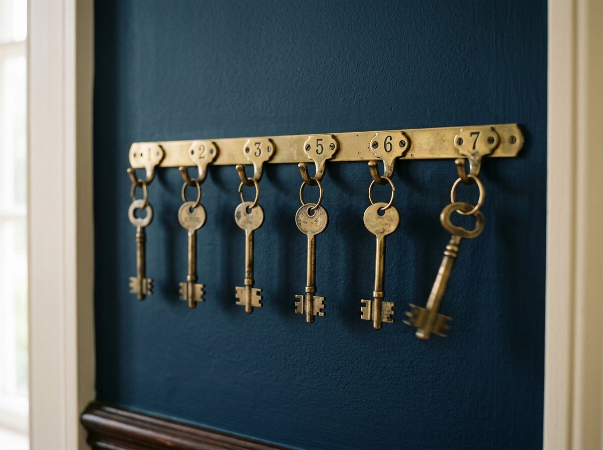 A row of brass keys on numbered hooks against a deep navy wall