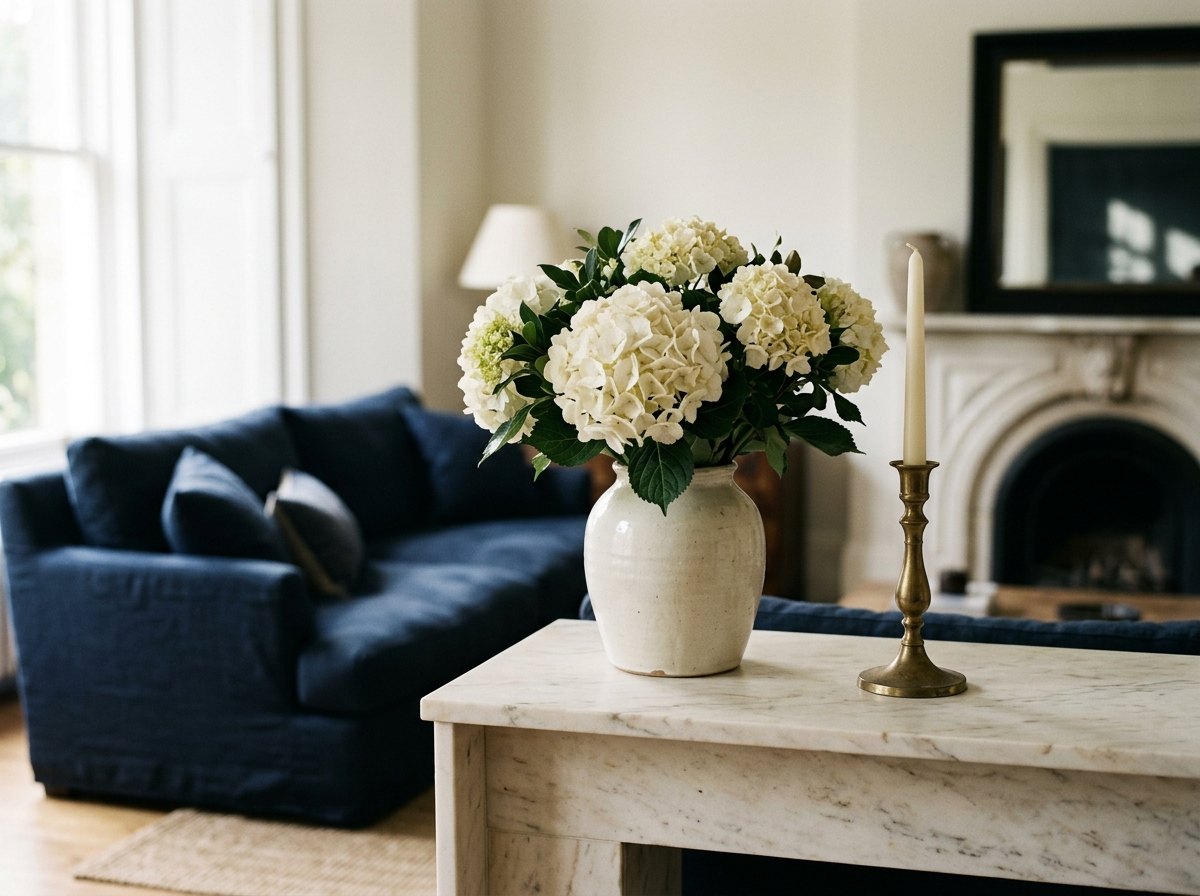 Fresh white hydrangeas in a cream vase on a marble table beside a brass candlestick
