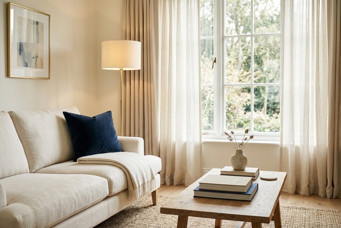 A serene, light-filled living room in quiet-luxury style