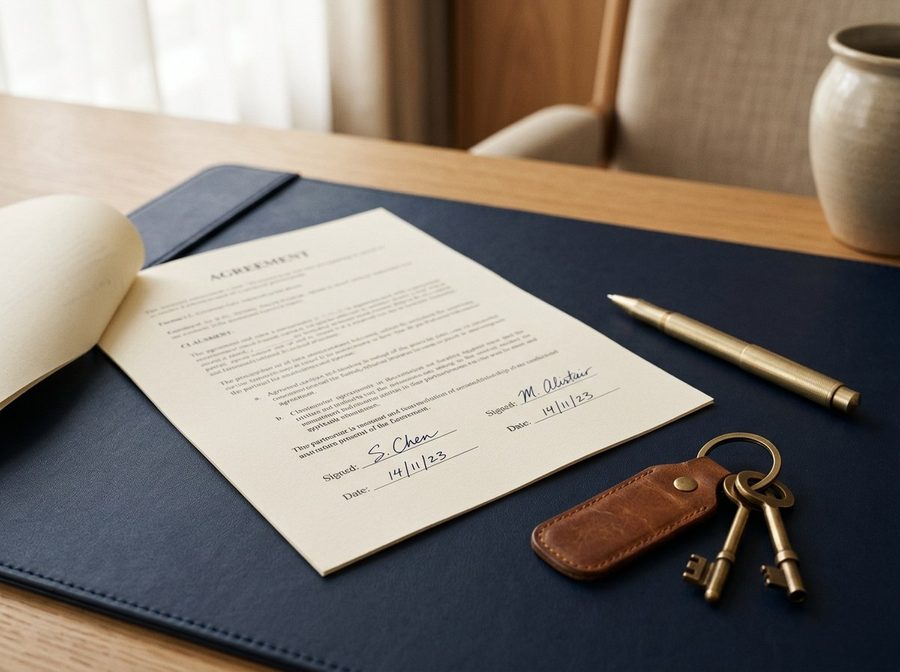 A signed agreement and brass keys on a navy desk blotter