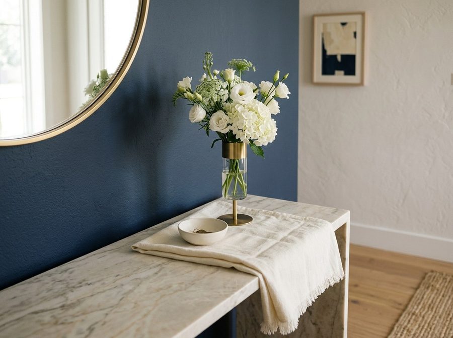 An elegant marble console with fresh white blooms in a brass vase