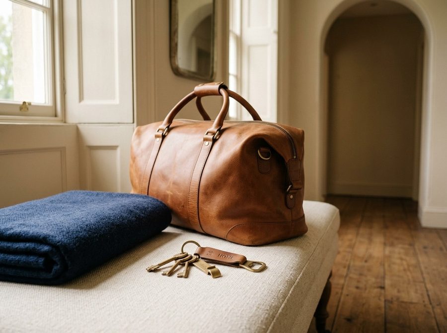 A leather weekender bag and brass keys on a bench, ready for a move