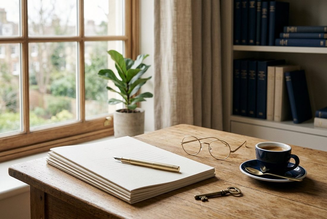 A desk with documents, a brass pen and reading glasses